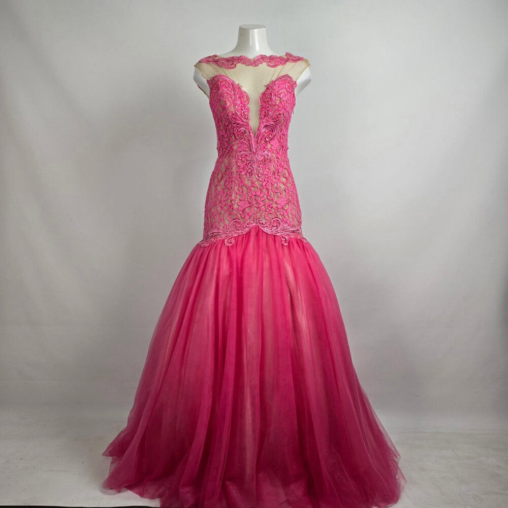 Angela & Allison Pink Lace Mermaid Grad Event Gown Size 10